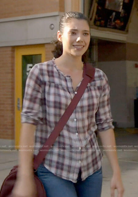 Violet’s plaid button front top on Chicago Fire