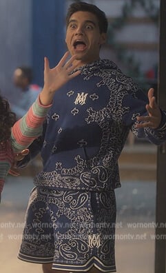 Vivek’s blue bandana print hoodie and shorts on Grown-ish