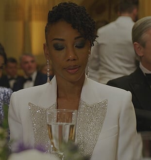 Carmen’s white embellished lapel blazer on The Good Fight