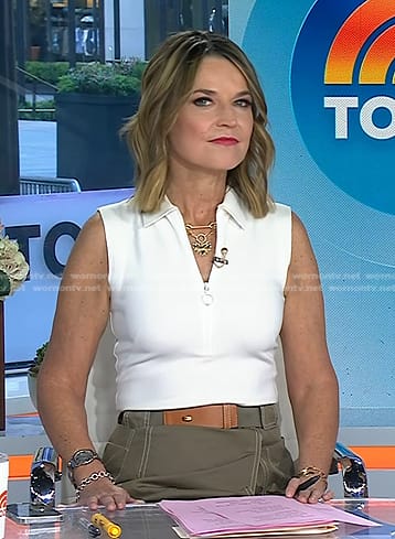 Savannah’s white half zip top and khaki green skirt on Today