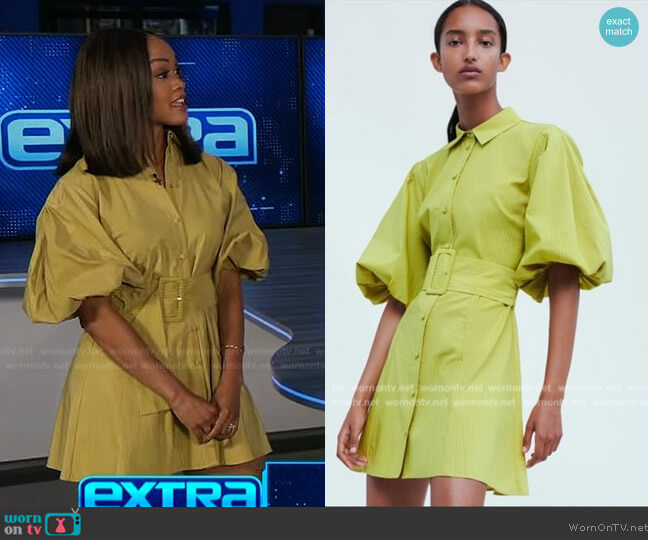 Zara Chartreuse Puff Sleeve Skater Dress worn by Rachel Lindsay on Extra