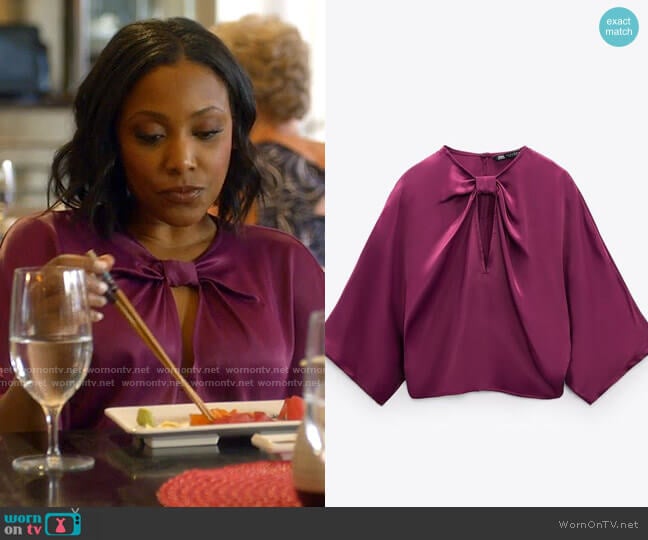 Zara Knotted Satin Effect Blouse worn by Kayla Taylor-Roman (Meagan Holder) on Monarch