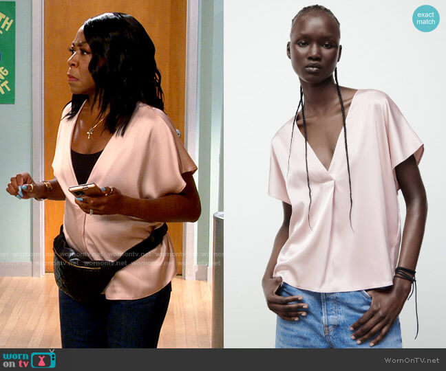 Zara Satin Effect Pleated Top in Pastel Pink worn by Tina Butler (Tichina Arnold) on The Neighborhood