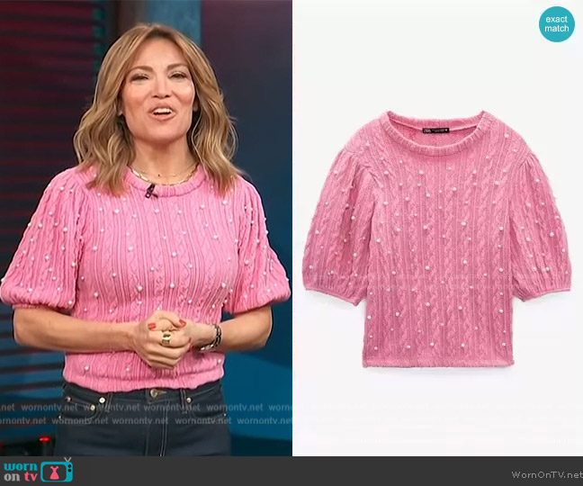 Zara Soft Faux Pearl Top worn by Kit Hoover on Access Hollywood