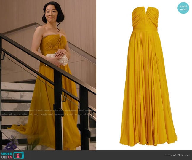 Zuhair Murad Off-The-Shoulder Chiffon Gown in Yolk Yellow worn by Ingrid Yun (Arden Cho) on Partner Track