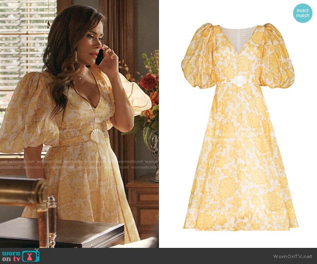 Zimmermann Postcard Floral-Print Midi Dress worn by Cristal Jennings (Daniella Alonso) on Dynasty