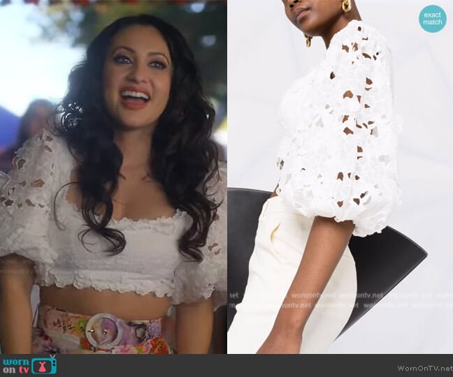 Zimmermann Lola Crop Top worn by Ana Torres (Francia Raisa) on Grown-ish