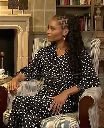 Zuri’s black polka dot jumpsuit on Access Hollywood