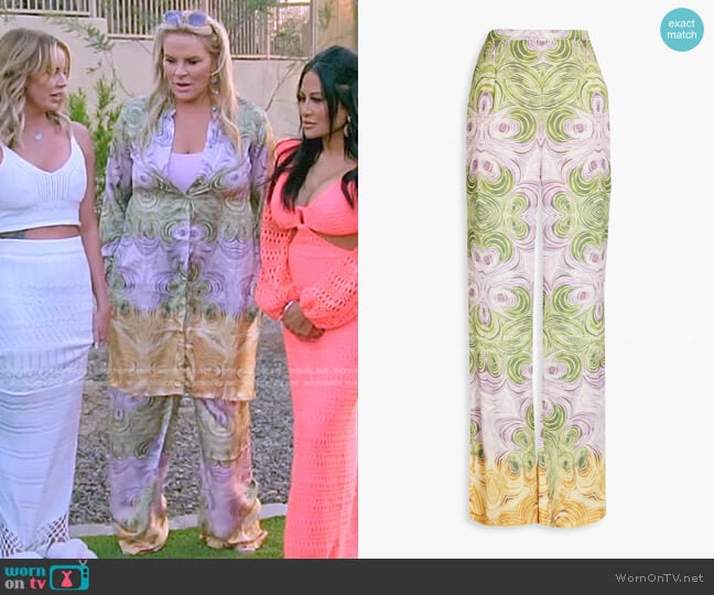 Andrea Iyamah Akacia Printed Satin Wide-Leg Pants worn by Heather Gay on The Real Housewives of Salt Lake City