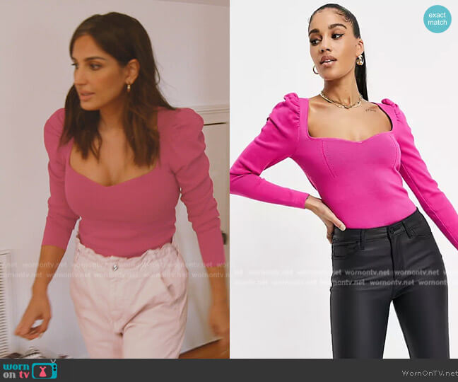 ASOS Sweater with sweetheart neck and puff shoulder detail in pink worn by Leva Bonaparte on Southern Charm