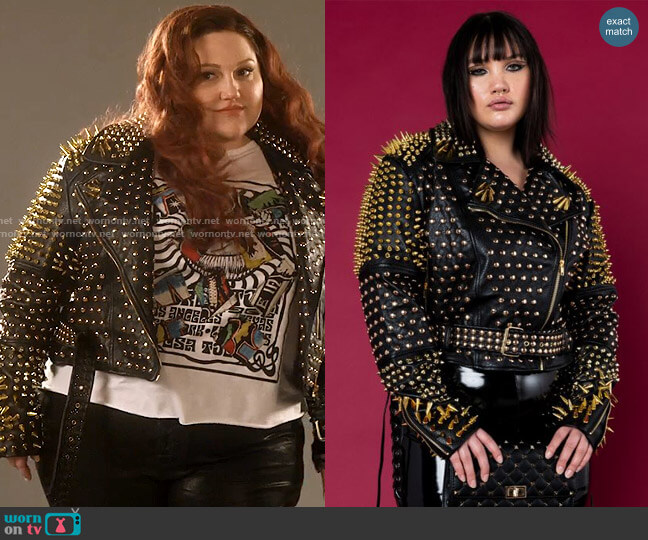 Azalea Wang Plus Lucifer Gold Spike Stud Moto Jacket worn by Gigi Taylor-Roman (Beth Ditto) on Monarch