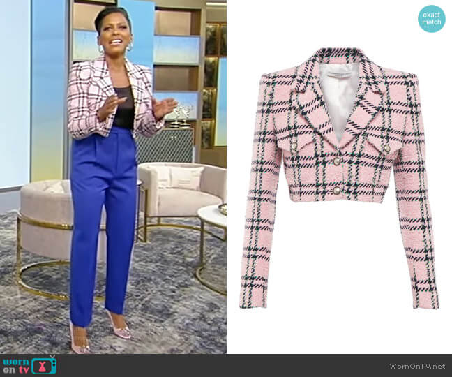 Alessandra Rich Tartan Sequin Tweed Cropped Jacket worn by Tamron Hall on Tamron Hall Show