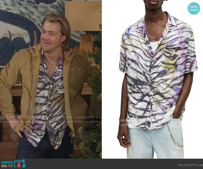 All Saints Kanha Relaxed Fit Tie Dye Animal Print Short Sleeve Button-Up Shirt worn by JJ Parker (Hunter Clowdus) on All American