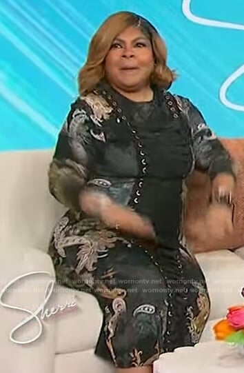 April Ryan’s black paisley print lace-up dress on Sherri