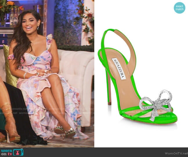 Aquazzura Babe Neon Satin Stiletto Sandals worn by Leva Bonaparte on Southern Charm