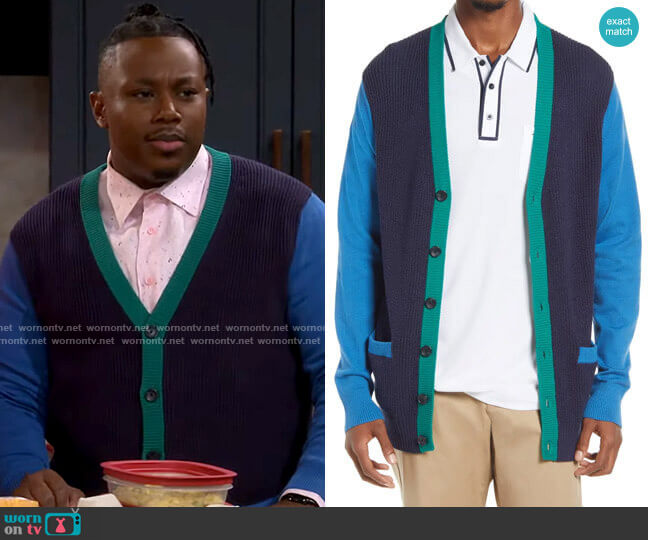 BP Colorblock Varsity Cardigan worn by Marty (Marcel Spears) on The Neighborhood