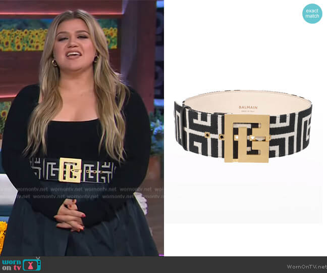 Balmain Maxi Monogram Jacquard Buckle Belt worn by Kelly Clarkson on The Kelly Clarkson Show