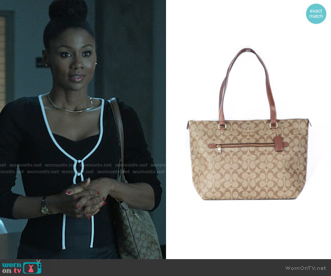 Coach Coated Canvas and Leather Gallery Tote Handbag worn by Jax Stewart (Emayatzy Corinealdi) on Reasonable Doubt