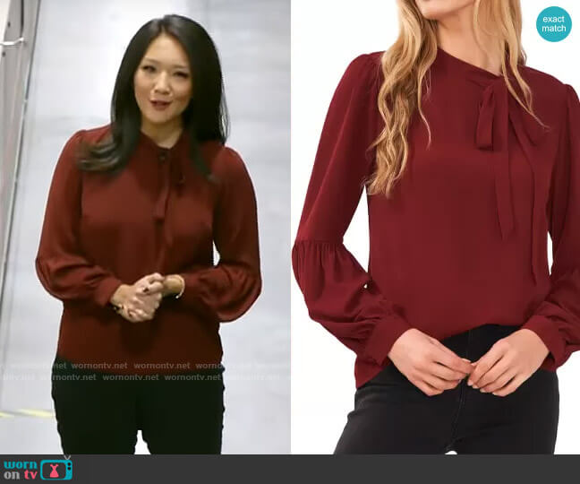CeCe Tie Neck Blouse in Claret Red worn by Nancy Chen on CBS Mornings