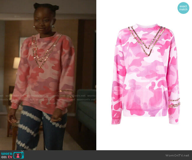 Collina Strada Camouflage-Print Crystal-Embellished Sweatshirt worn by Naima Stewart (Aderinsola Olabode) on Reasonable Doubt