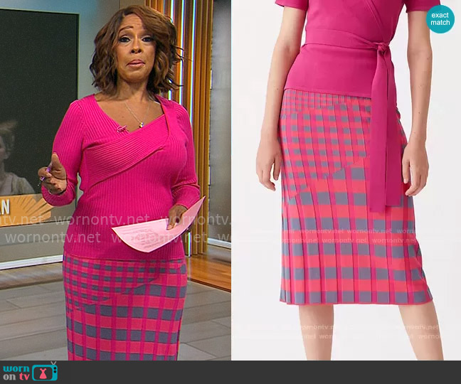 Diane von Furstenberg Rosa Skirt in Pink Gray Gingham worn by Gayle King on CBS Mornings