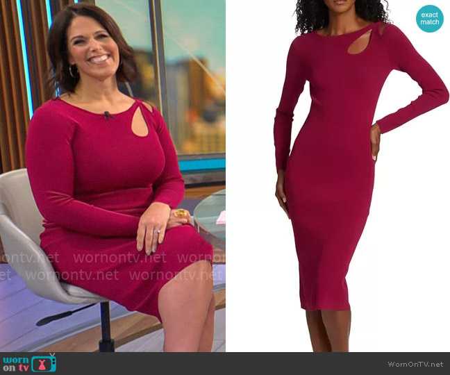 Elie Tahari Cut-Out Rib-Knit Sweater Dress in Deep Cerise worn by Dana Jacobson on CBS Mornings