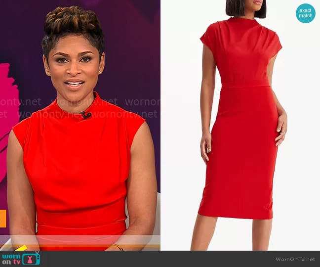 Express Draped Mock Neck Midi Sheath Dress in Lipstick Red worn by Jericka Duncan on CBS Mornings