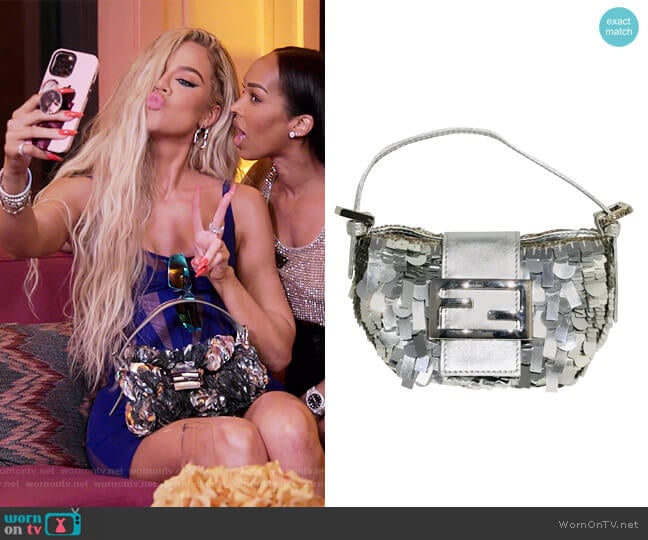 Fendi Silver Sequin and Bead Mini Baguette Purse worn by Khloe Kardashian (Khloe Kardashian) on The Kardashians