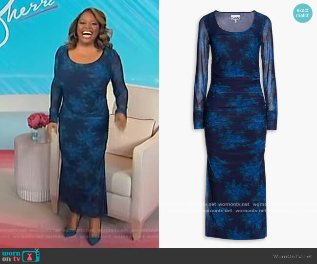 Ganni Ruched floral-print mesh midi dress worn by Sherri Shepherd on Sherri