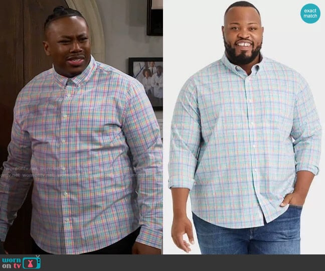 Goodfellow & Co Long Sleeve Button-Down Shirt in Aqua Blue Plaid worn by Marty (Marcel Spears) on The Neighborhood