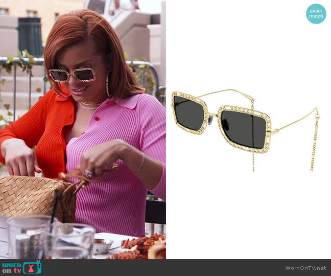 Gucci Chain Rectangle Metal Sunglasses with Straps worn by Robyn Dixon on The Real Housewives of Potomac