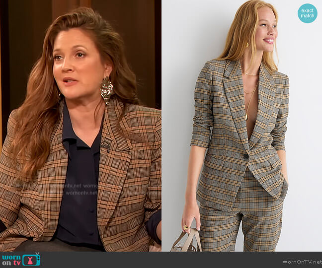J. Crew Willa blazer in Italian drapey plaid wool blend worn by Drew Barrymore on The Drew Barrymore Show