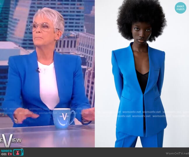 Zara Long Blazer with Inverted Collar worn by Jamie Lee Curtis on The View