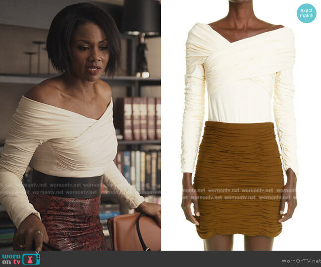 Khaite The Lili Draped Off the Shoulder Stretch Cotton Bodysuit worn by Jax Stewart (Emayatzy Corinealdi) on Reasonable Doubt