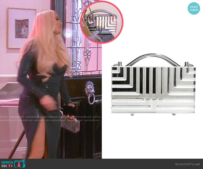 L'Afshar Elle Mirrored Acrylic Box Top-Handle Bag worn by Erika Jayne on The Real Housewives of Beverly Hills