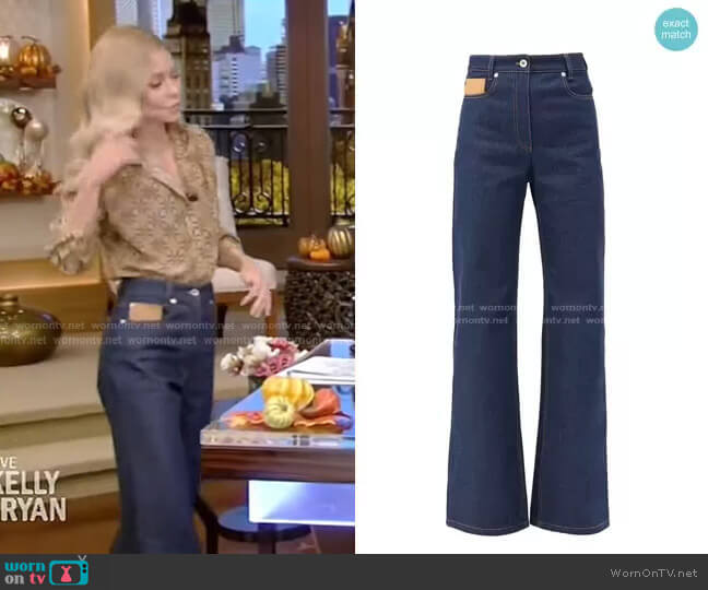 Paco Rabanne Leather-Patch High-Rise Flared Jeans worn by Kelly Ripa on Live with Kelly and Mark