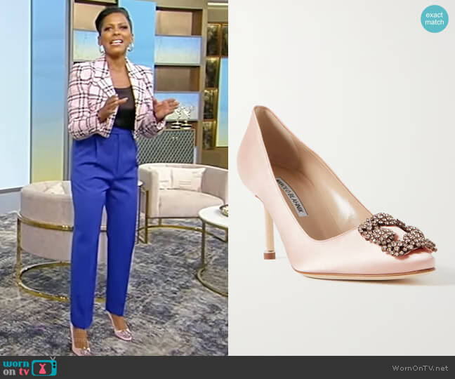 Manolo Blahnik Hangisi 70 embellished satin pumps worn by Tamron Hall on Tamron Hall Show