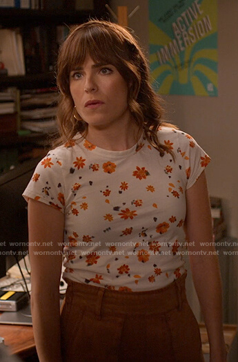 Marina’s white floral tee on Home Economics