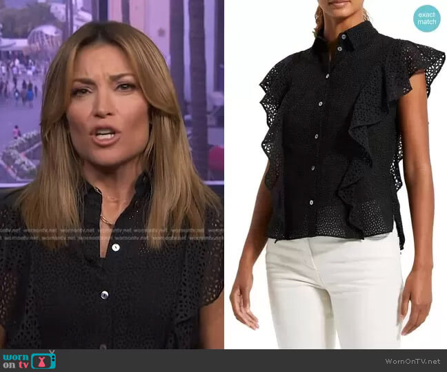 Theory Nova Flutter Sleeve Eyelet Cotton Blouse worn by Kit Hoover on Access Hollywood