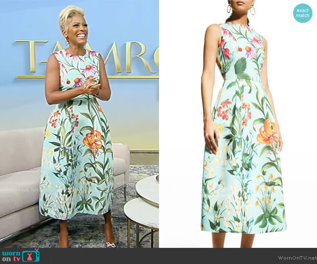 Oscar de la Renta Floral Tapestry sleeveless midi dress worn by Tamron Hall on Tamron Hall Show