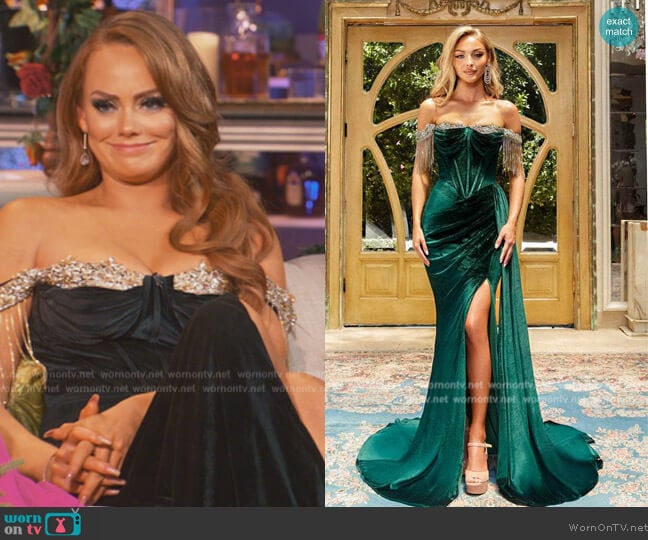 Portia and Scarlett PS22193 Bedazzled Off Shoulder Sheath Dress worn by Kathryn Dennis on Southern Charm