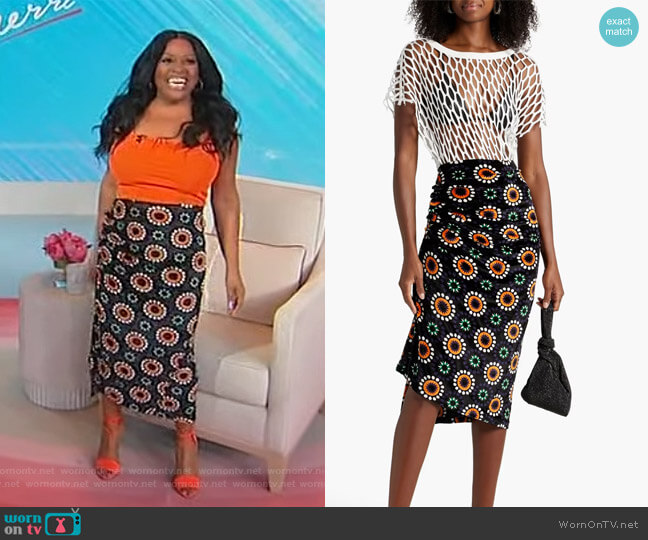 Paco Rabanne Asymmetric snap-detailed printed velour skirt worn by Sherri Shepherd on Sherri