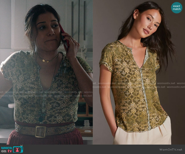 Pilcro Spliced-Neck Tee in Moss worn by Padma (Aneesha Joshi) on The Resident