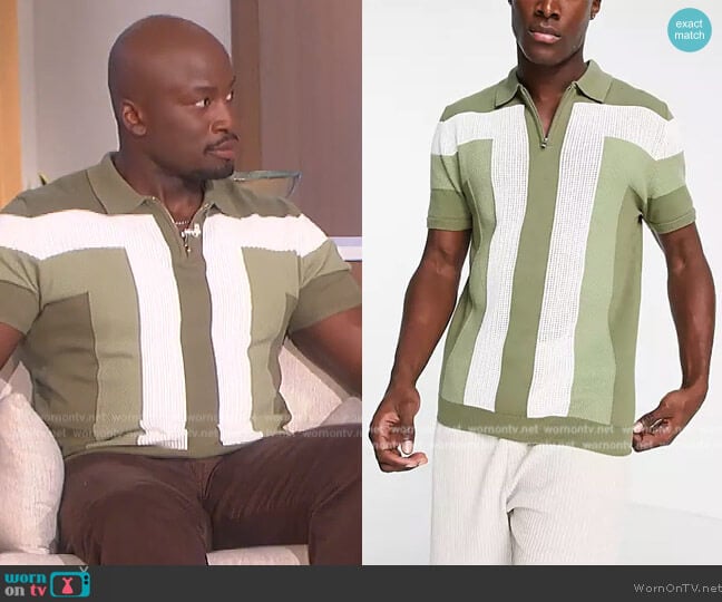 River Island Short sleeve retro textured polo in green worn by Akbar Gbajabiamila on The Talk