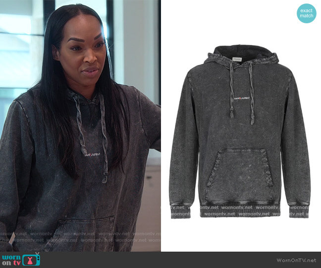 Saint Laurent Printed logo distressed hoodie worn by (Malika Haqq) on The Kardashians