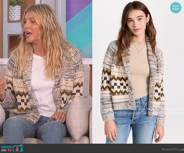 The Great The Geo Check Lodge Alpaca Cardigan worn by Amanda Kloots on The Talk