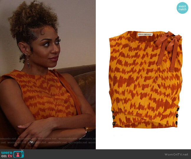 Ulla Johnson Nisha Printed Asymmetric Silk Top worn by Patience (Chelsea Tavares) on All American