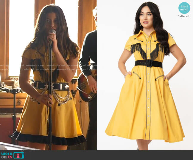 Unique Vintage Mustard Madeline Swing Dress worn by Ana Phoenix (Emma Milani) on Monarch