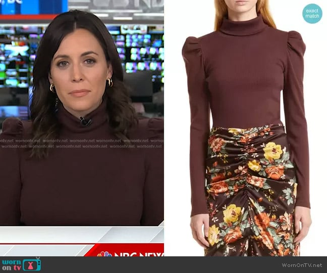 Veronica Beard Cedar Puff Sleeve Turtleneck Rib Top worn by Hallie Jackson on Today