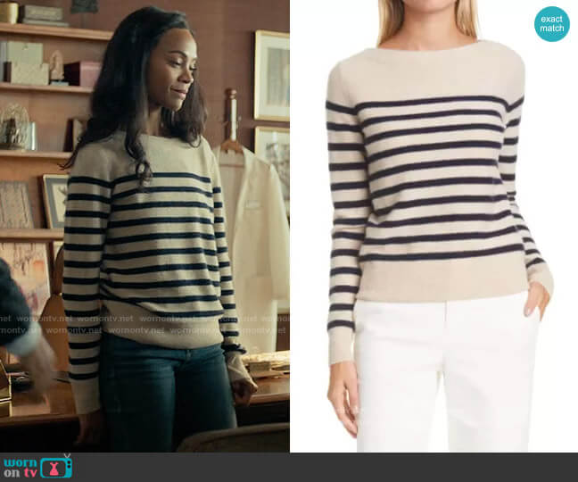 Vince reton Boat Neck Stripe Cashmere Sweater in Almond Coastal worn by Amy Wheeler (Zoe Saldana) on From Scratch